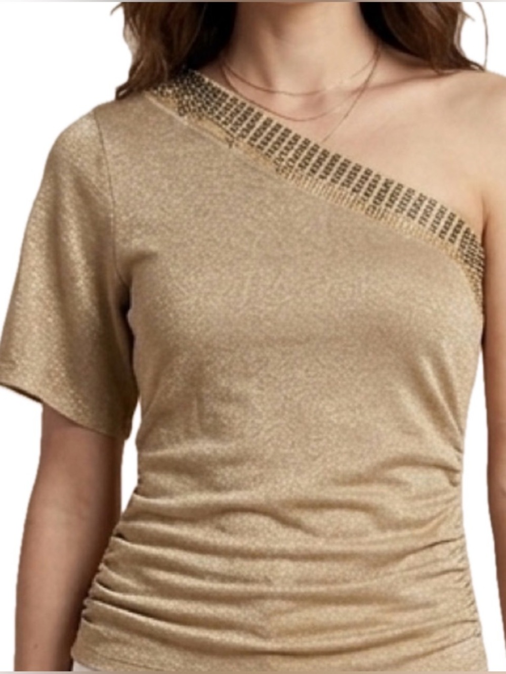 Cache Metallic Gold Beading Detail  One-Shoulder Knit Short Sleeve Top M